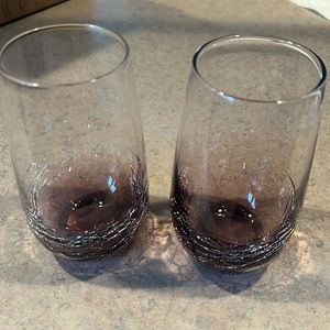 Pier 1 Crackled Stemless Glasses New Tall Set of Two Retired- purple tint.